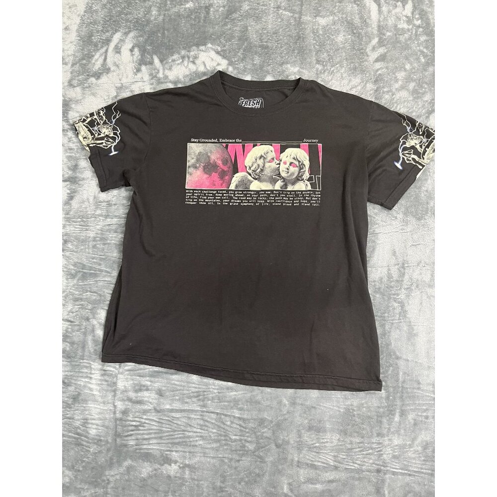 Fresh Laundry Graphic T-Shirt Black Angels & Moon Print XL 65% Poly/35% Cotton
